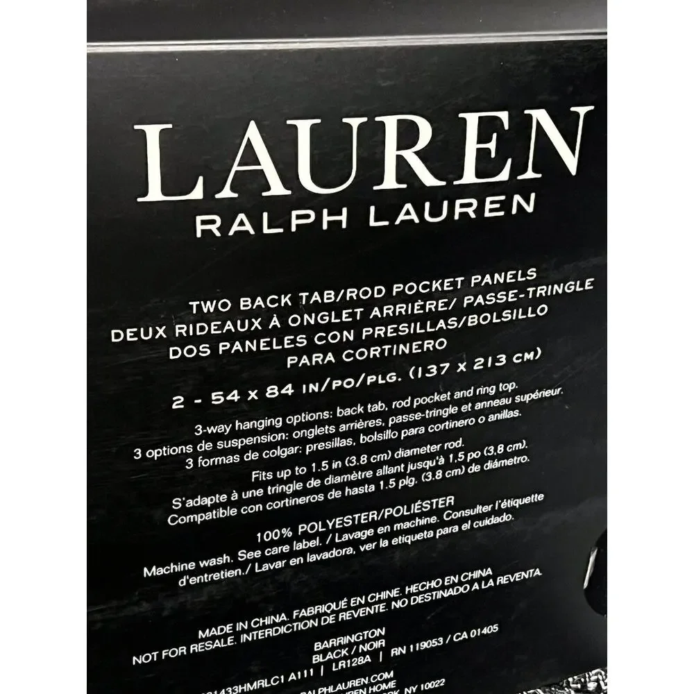 2 Ralph Lauren BARRINGTON Window Panels Curtains 54x84” Black White Grey PAIR